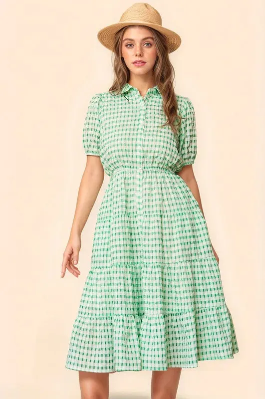 Davi & Dani Checkered Puff Sleeve Tiered Shirt Dress sold by Gigi Laurent