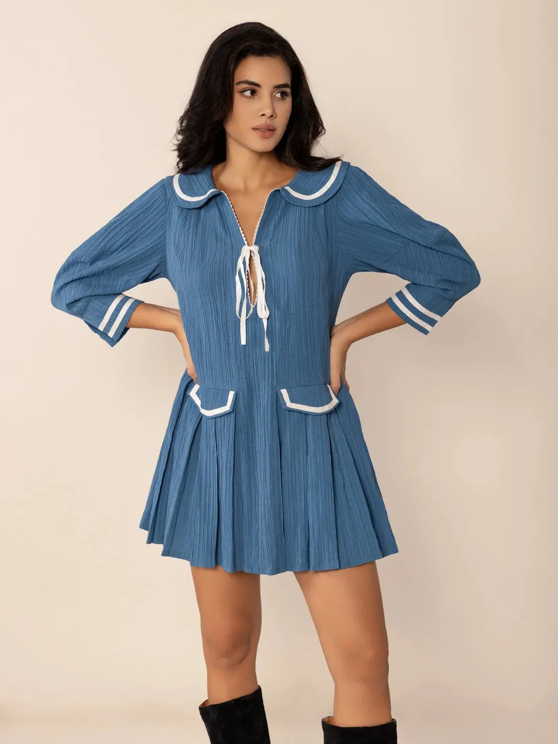 Tie Front Pleated Three-Quarter Sleeve Mini Dress sold by Gigi Laurent product image thumbnail 3