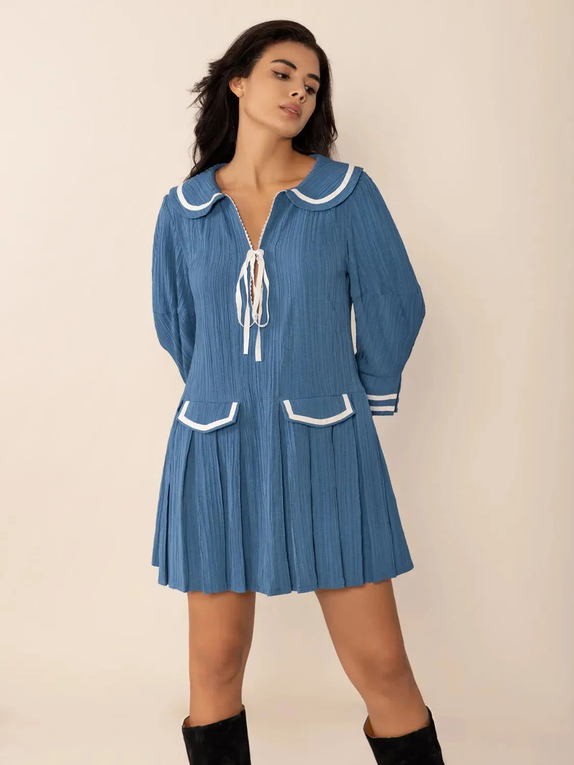 Tie Front Pleated Three-Quarter Sleeve Mini Dress sold by Gigi Laurent product image thumbnail 4