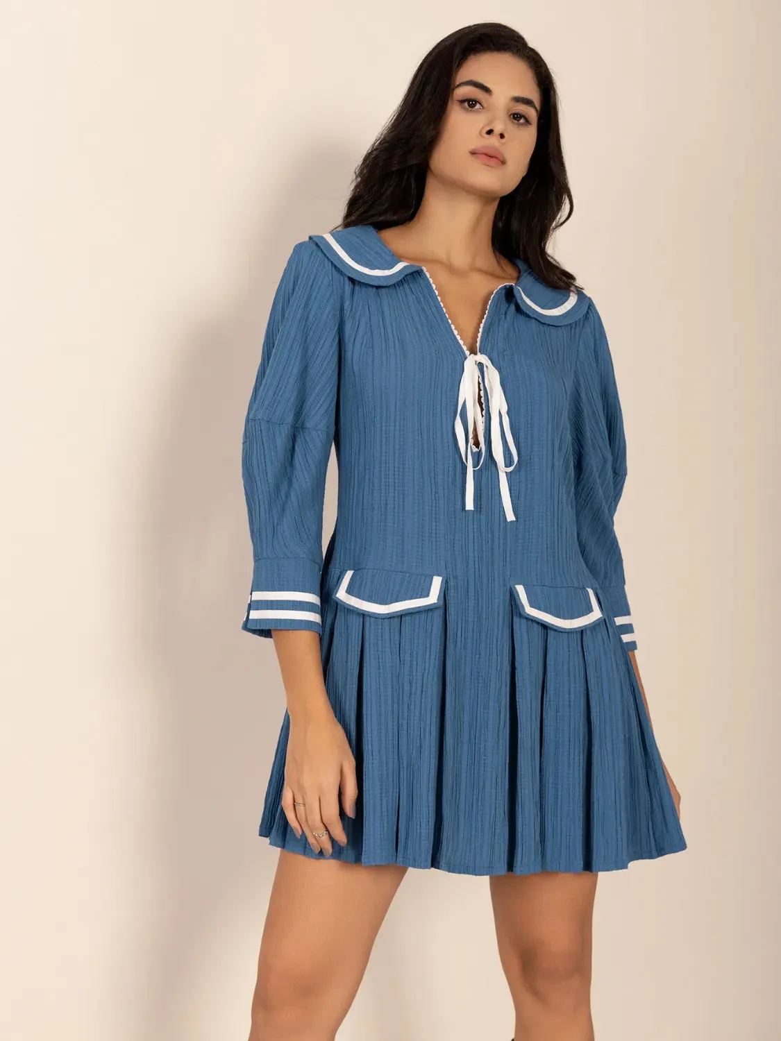Tie Front Pleated Three-Quarter Sleeve Mini Dress sold by Gigi Laurent product image thumbnail 2
