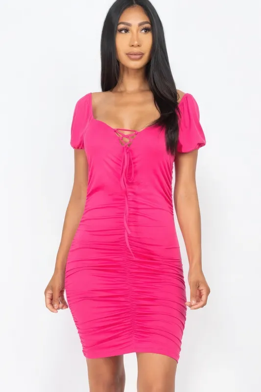 Front Lace Up Ruched Mini Dress sold by Gigi Laurent