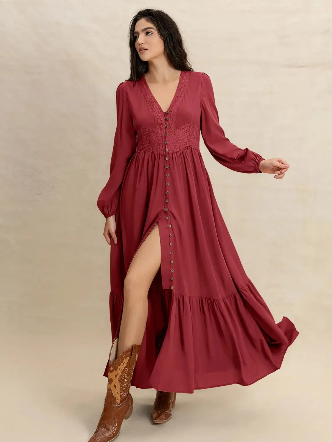 V-Neck Balloon Sleeve Ruffled Hem Maxi Dress sold by Gigi Laurent product image thumbnail 2