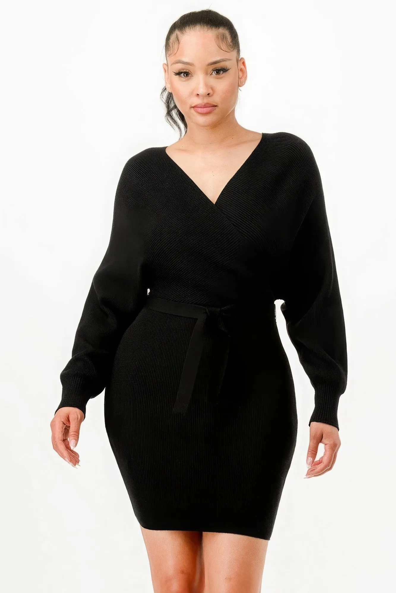 Off Shoulder Wrap Belted Ribbed Sweather Dress sold by Gigi Laurent