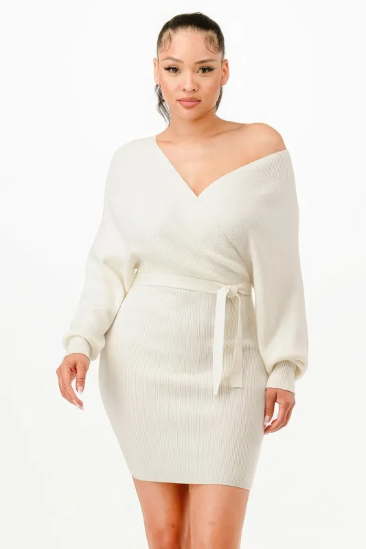 Off Shoulder Wrap Belted Ribbed Sweather Dress sold by Gigi Laurent