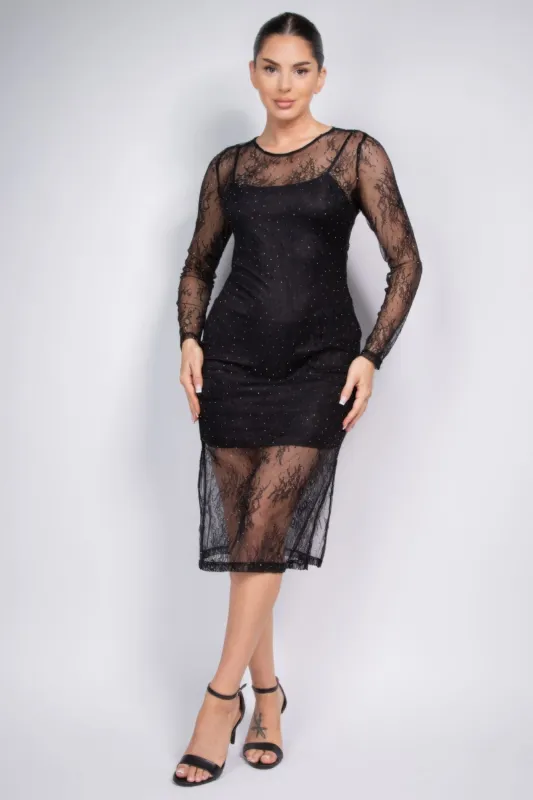 Lace Rhinestone-studded Slit Midi Dress sold by Gigi Laurent