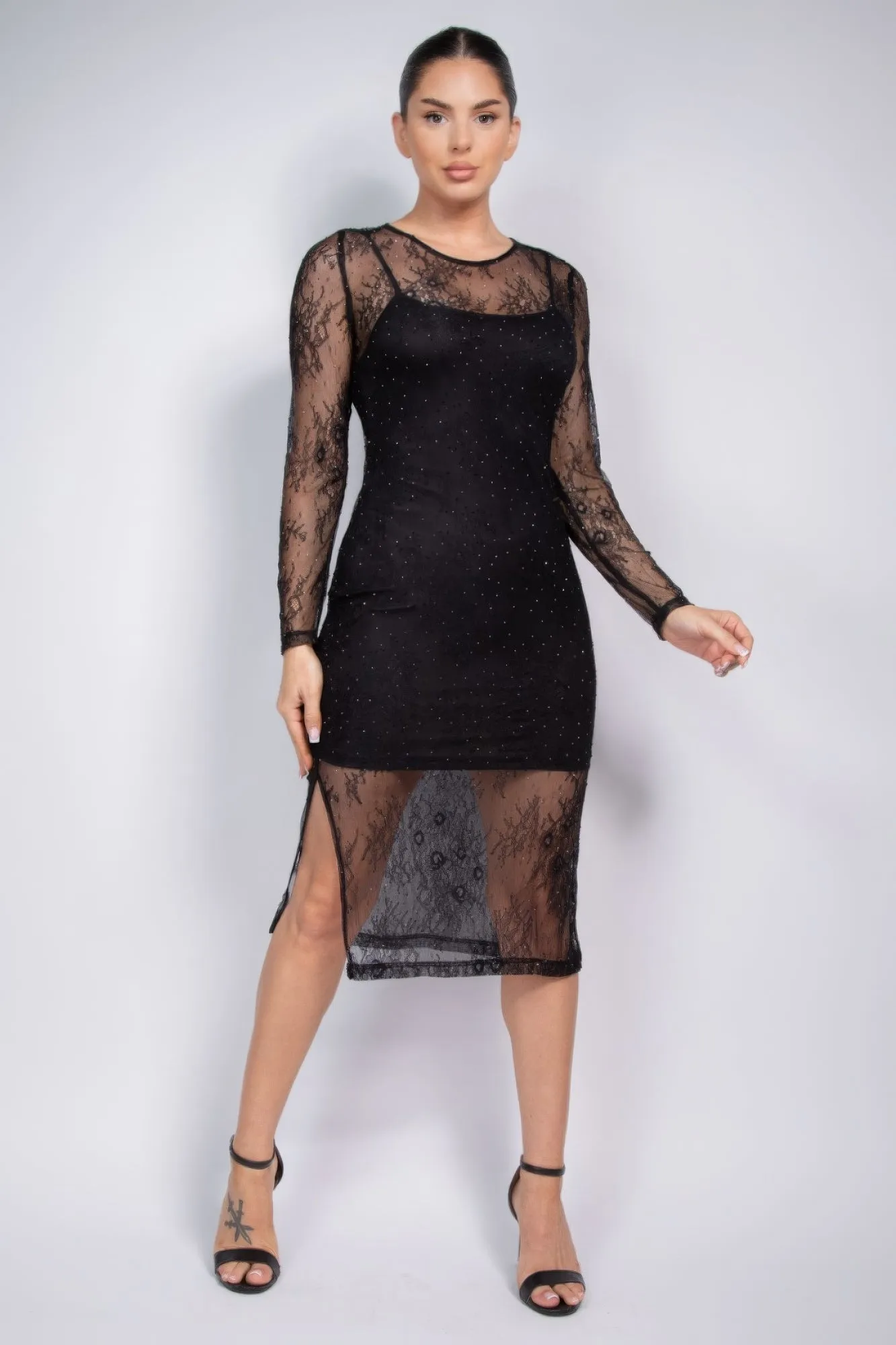 Lace Rhinestone-studded Slit Midi Dress sold by Gigi Laurent product image thumbnail 2