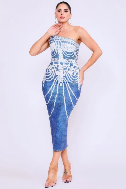 One Shoulder Denim Print Dress made by Gigi Laurent