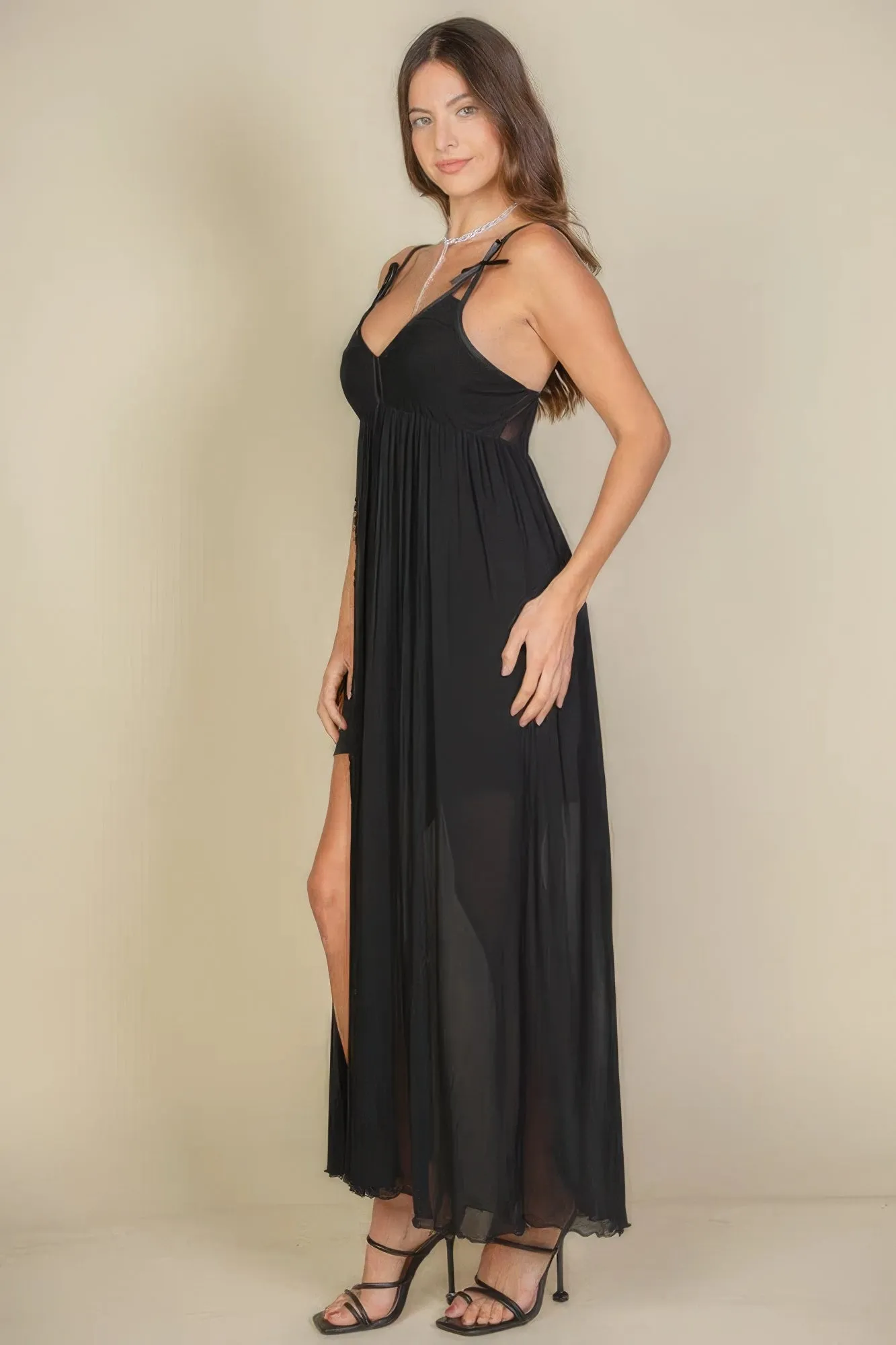 Plunge Neck Split Thigh Mesh Maxi Dress sold by Gigi Laurent product image thumbnail 5