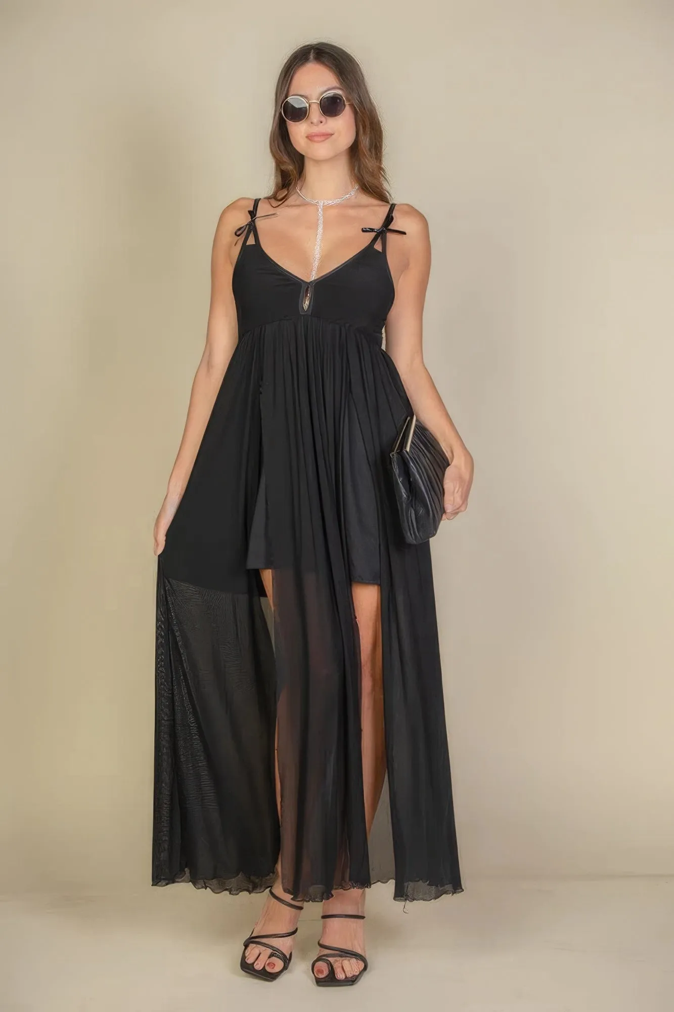 Plunge Neck Split Thigh Mesh Maxi Dress sold by Gigi Laurent