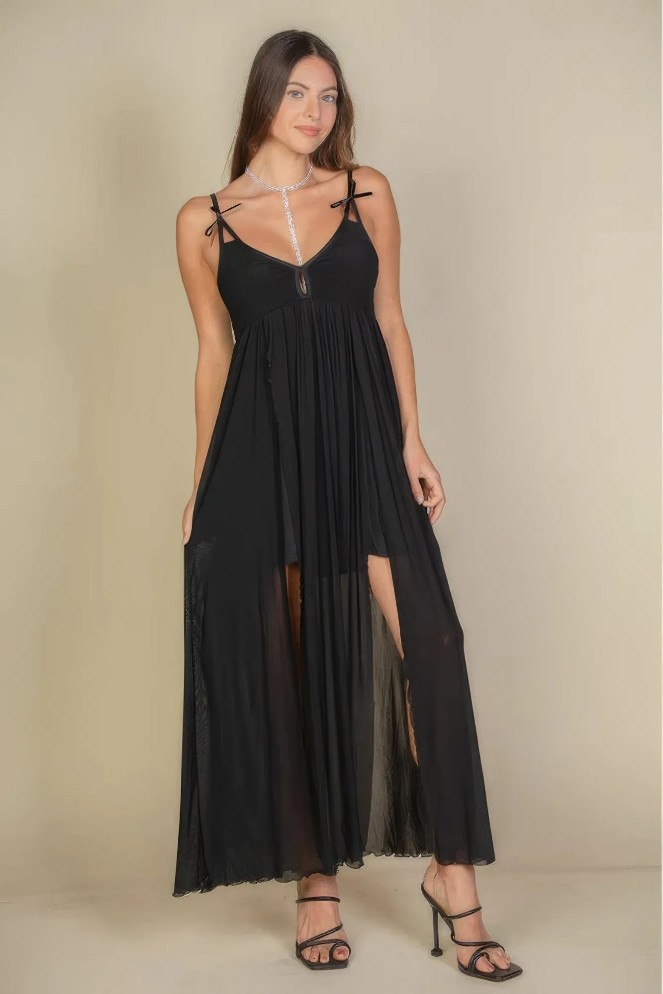 Plunge Neck Split Thigh Mesh Maxi Dress sold by Gigi Laurent product image thumbnail 2