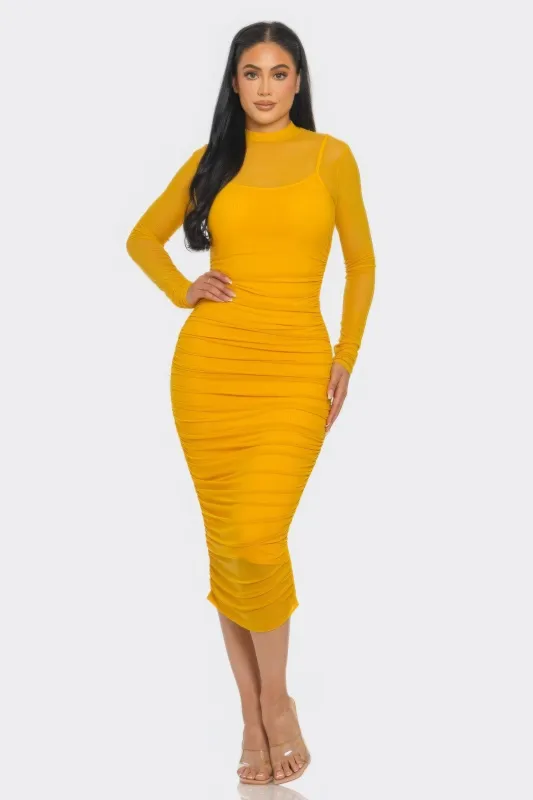 Solid Mesh Ruched Midi Dress sold by Gigi Laurent