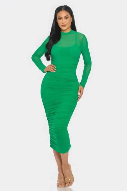 Solid Mesh Ruched Midi Dress sold by Gigi Laurent