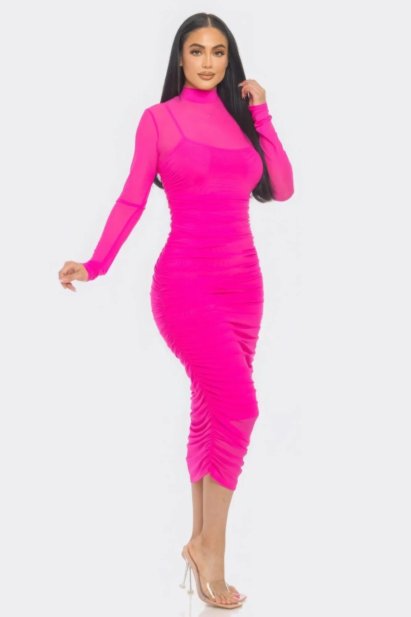 Solid Mesh Ruched Midi Dress sold by Gigi Laurent product image thumbnail 2