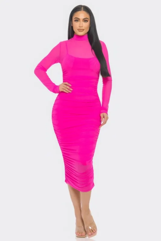 Solid Mesh Ruched Midi Dress sold by Gigi Laurent