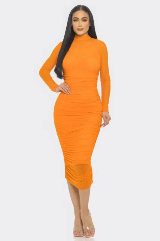Solid Mesh Ruched Midi Dress sold by Gigi Laurent