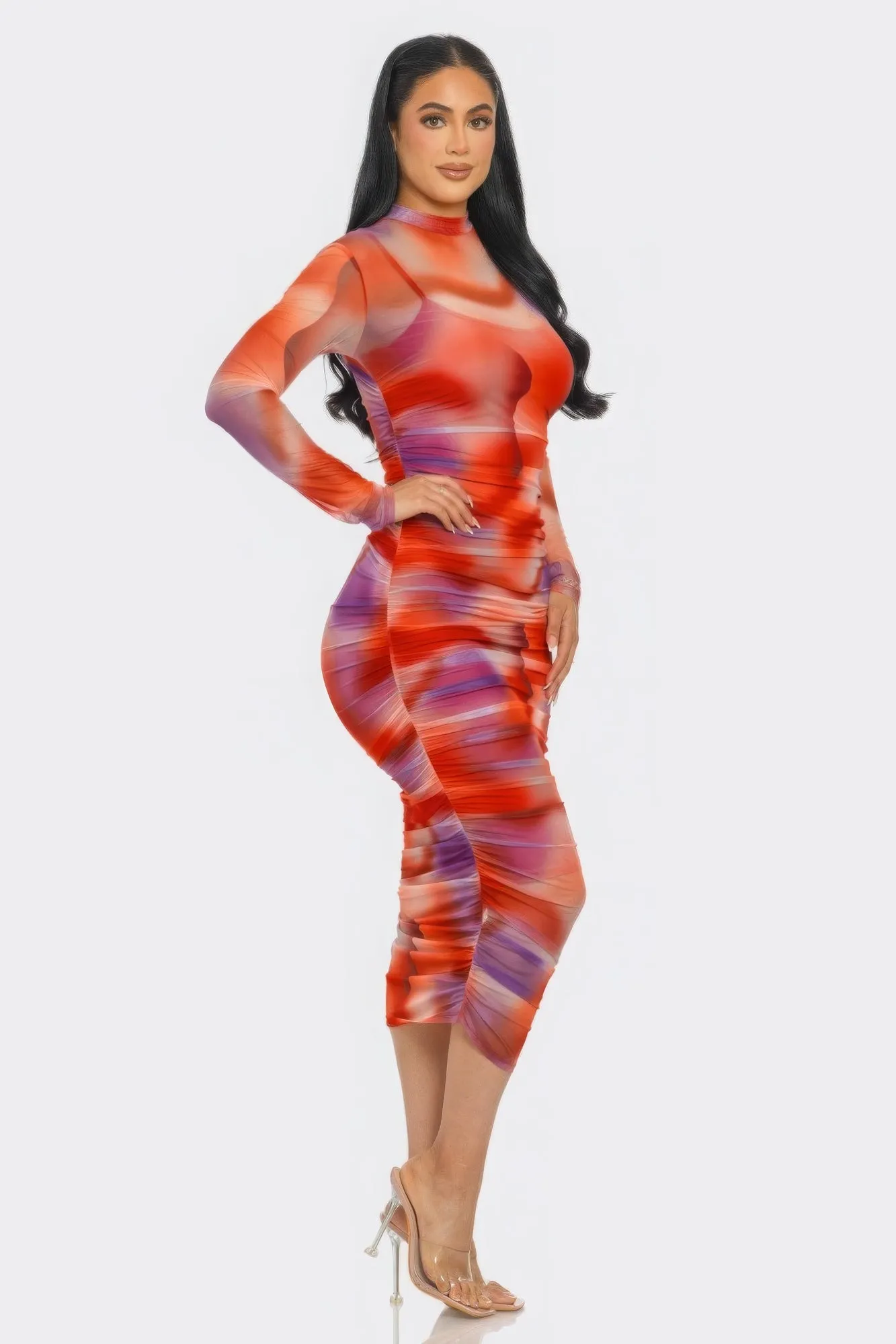 Summer Heat Print Mesh Ruched Midi Dress sold by Gigi Laurent product image thumbnail 2