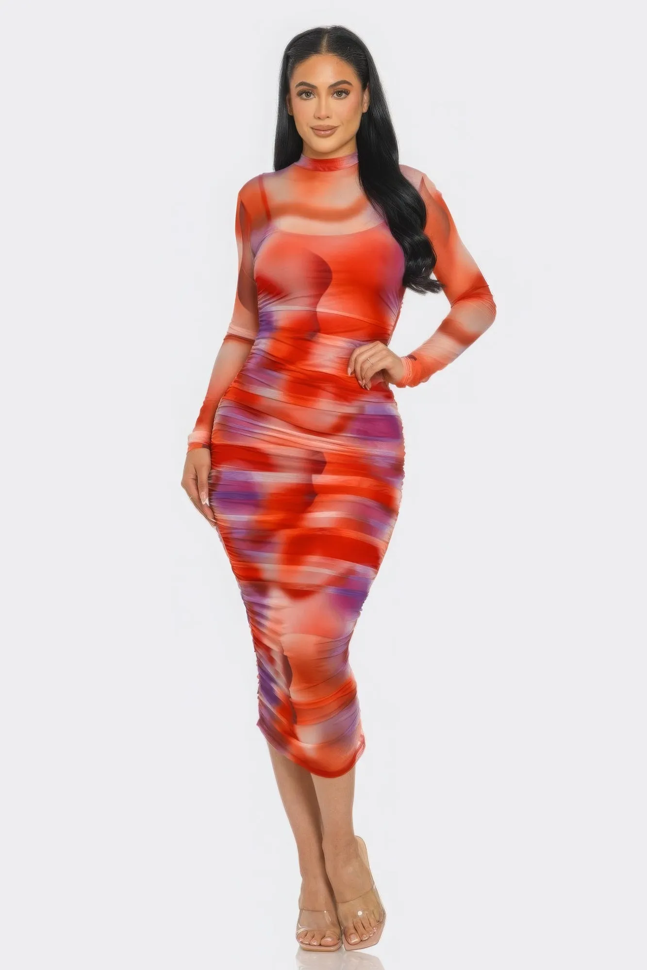 Summer Heat Print Mesh Ruched Midi Dress sold by Gigi Laurent