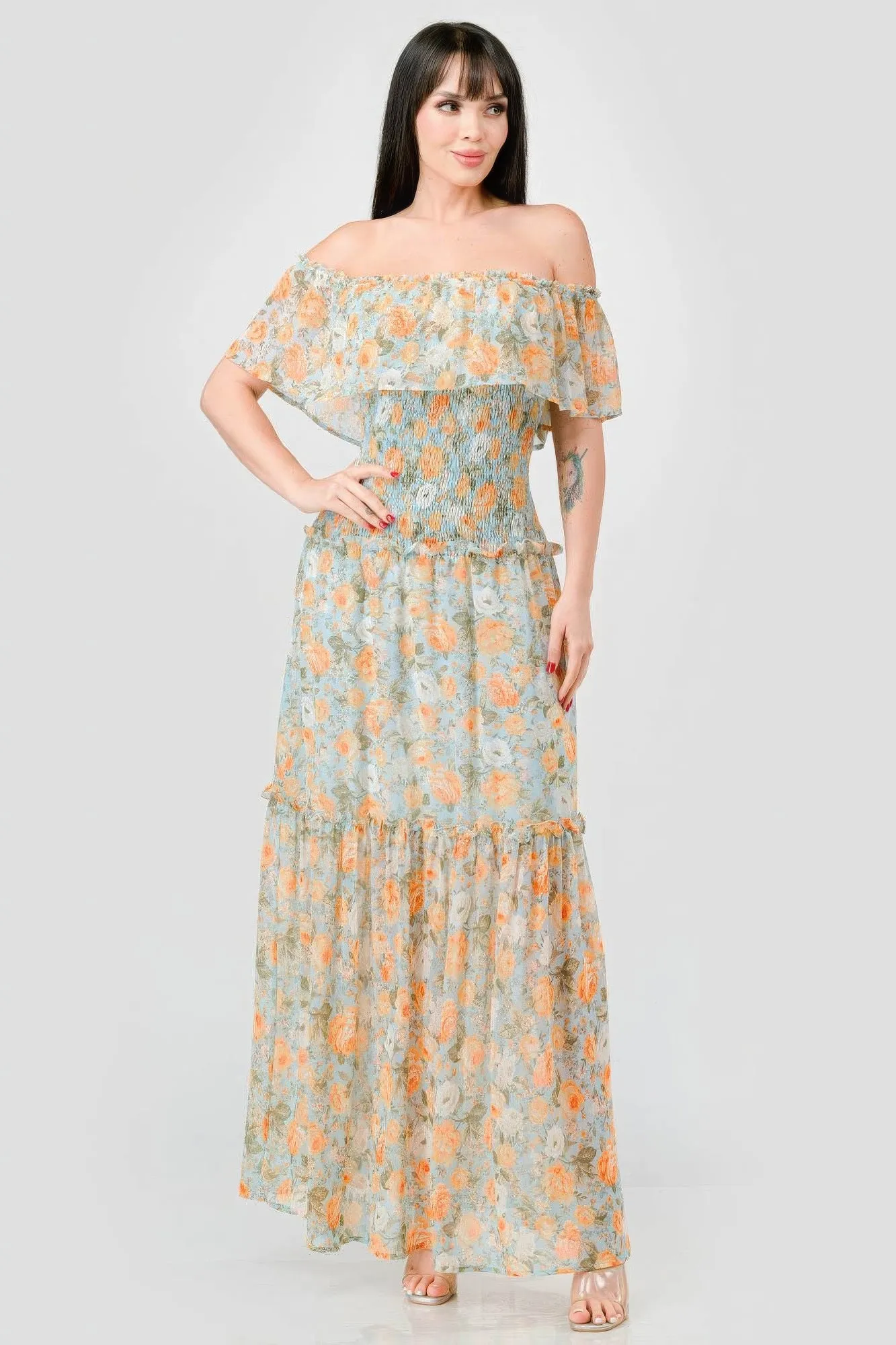 Floral Chiffon Off Shoulder Smocked Back Ruffled Tiered Maxi Dress sold by Gigi Laurent product image thumbnail 2