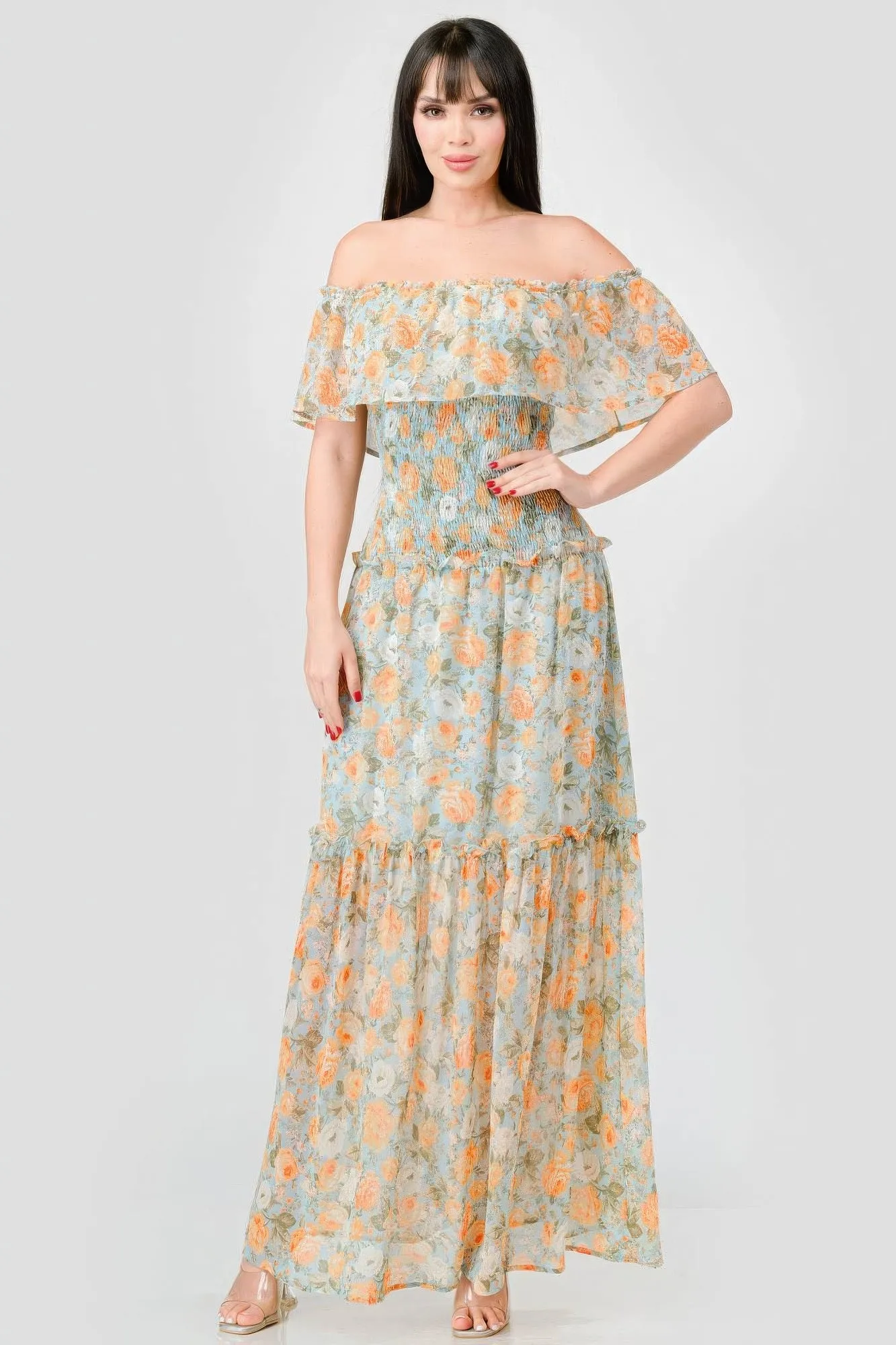 Floral Chiffon Off Shoulder Smocked Back Ruffled Tiered Maxi Dress sold by Gigi Laurent