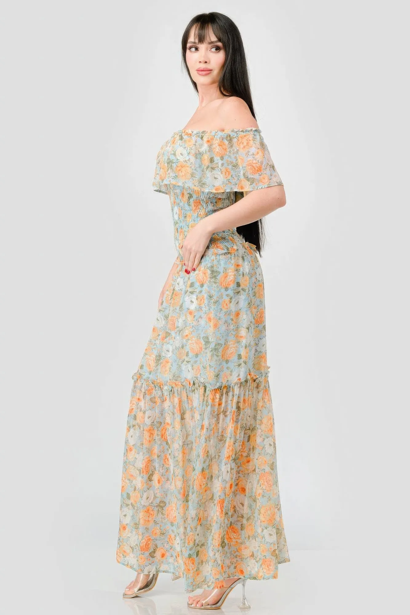 Floral Chiffon Off Shoulder Smocked Back Ruffled Tiered Maxi Dress sold by Gigi Laurent product image thumbnail 4