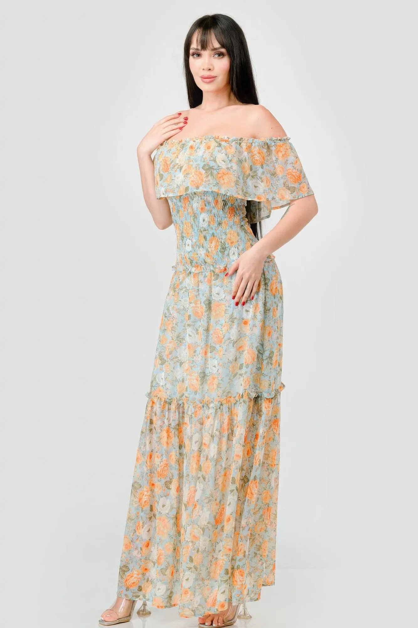 Floral Chiffon Off Shoulder Smocked Back Ruffled Tiered Maxi Dress sold by Gigi Laurent product image thumbnail 3