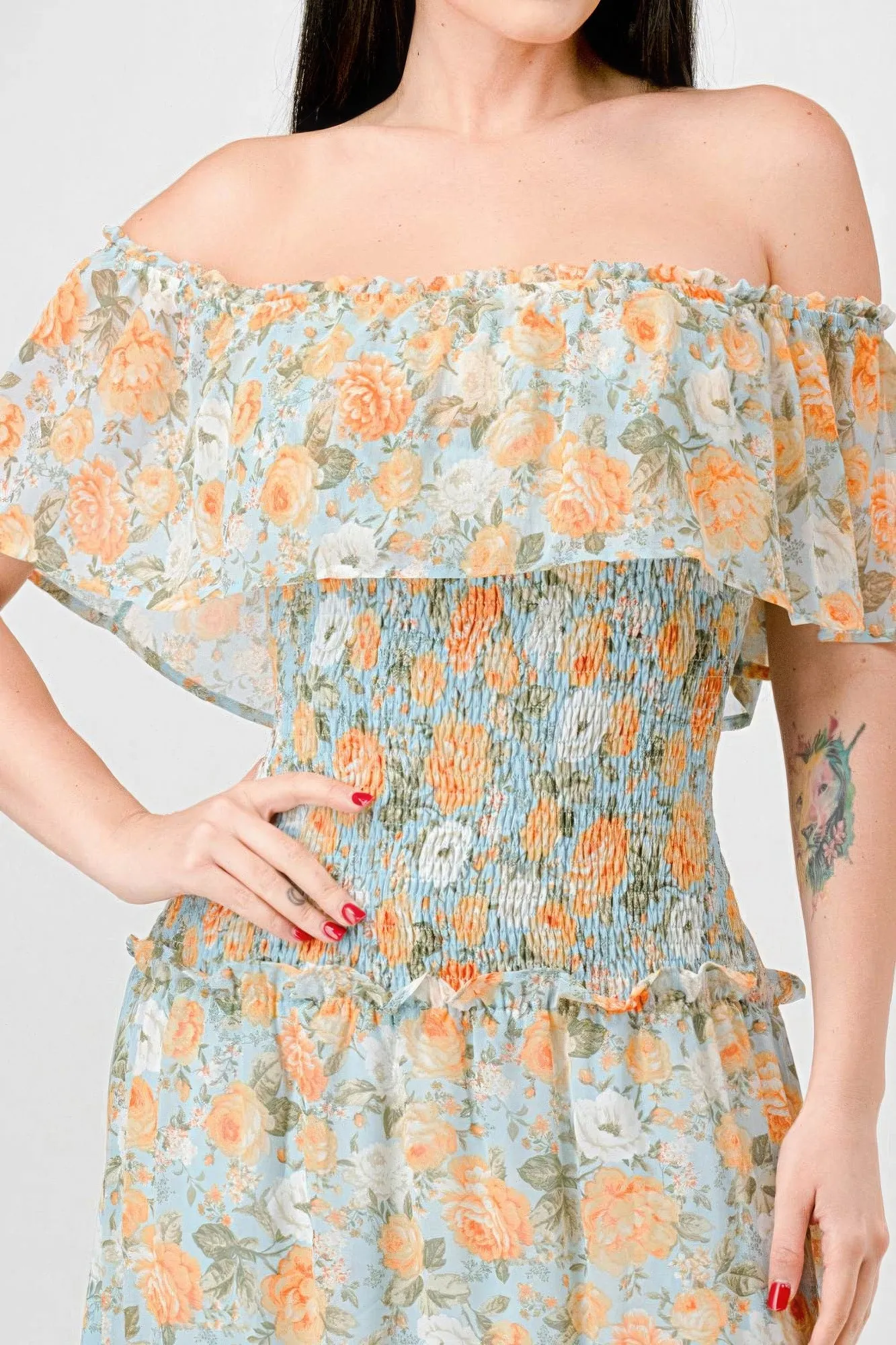 Floral Chiffon Off Shoulder Smocked Back Ruffled Tiered Maxi Dress sold by Gigi Laurent product image thumbnail 5