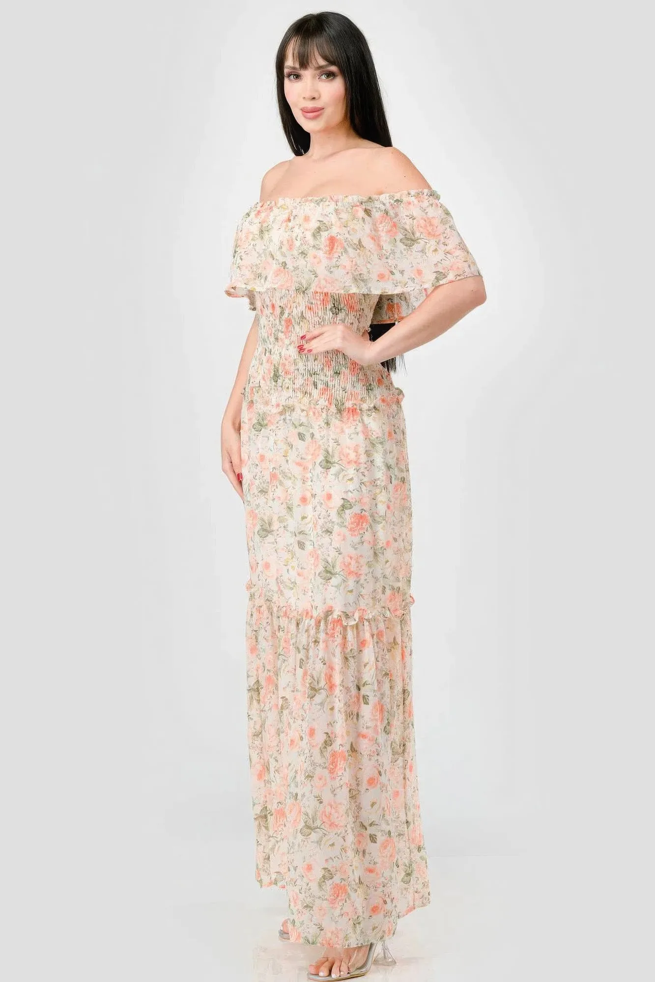Floral Chiffon Off Shoulder Smocked Back Ruffled Tiered Maxi Dress sold by Gigi Laurent product image thumbnail 4