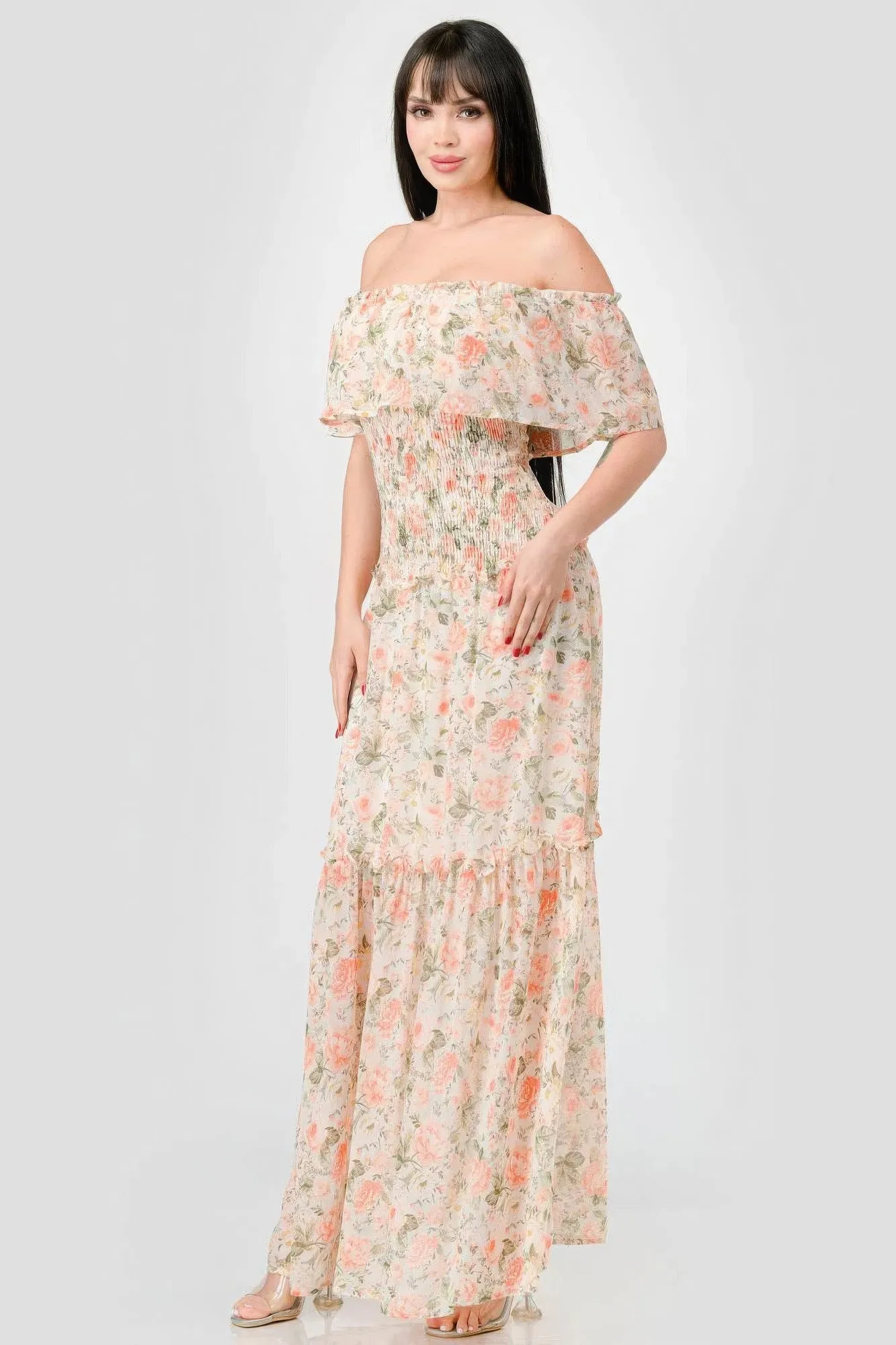 Floral Chiffon Off Shoulder Smocked Back Ruffled Tiered Maxi Dress sold by Gigi Laurent product image thumbnail 2