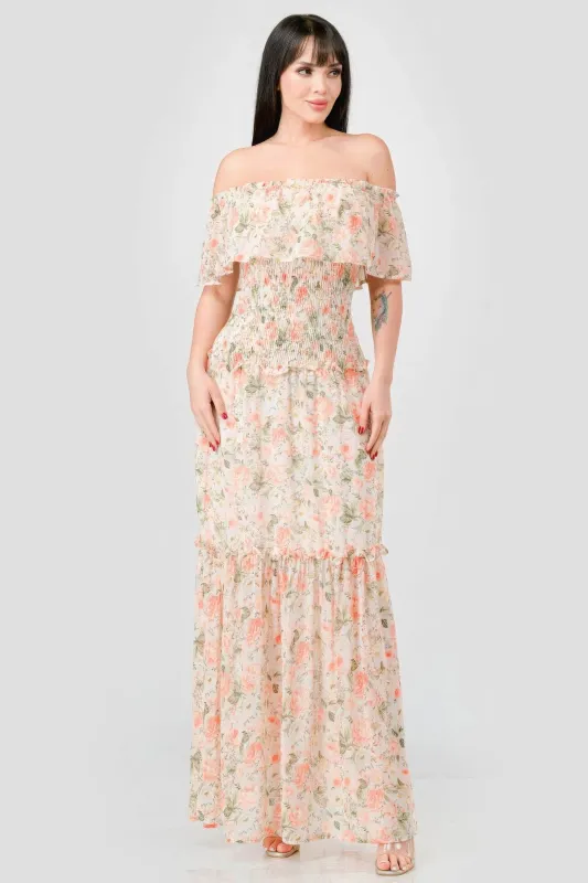 Floral Chiffon Off Shoulder Smocked Back Ruffled Tiered Maxi Dress sold by Gigi Laurent