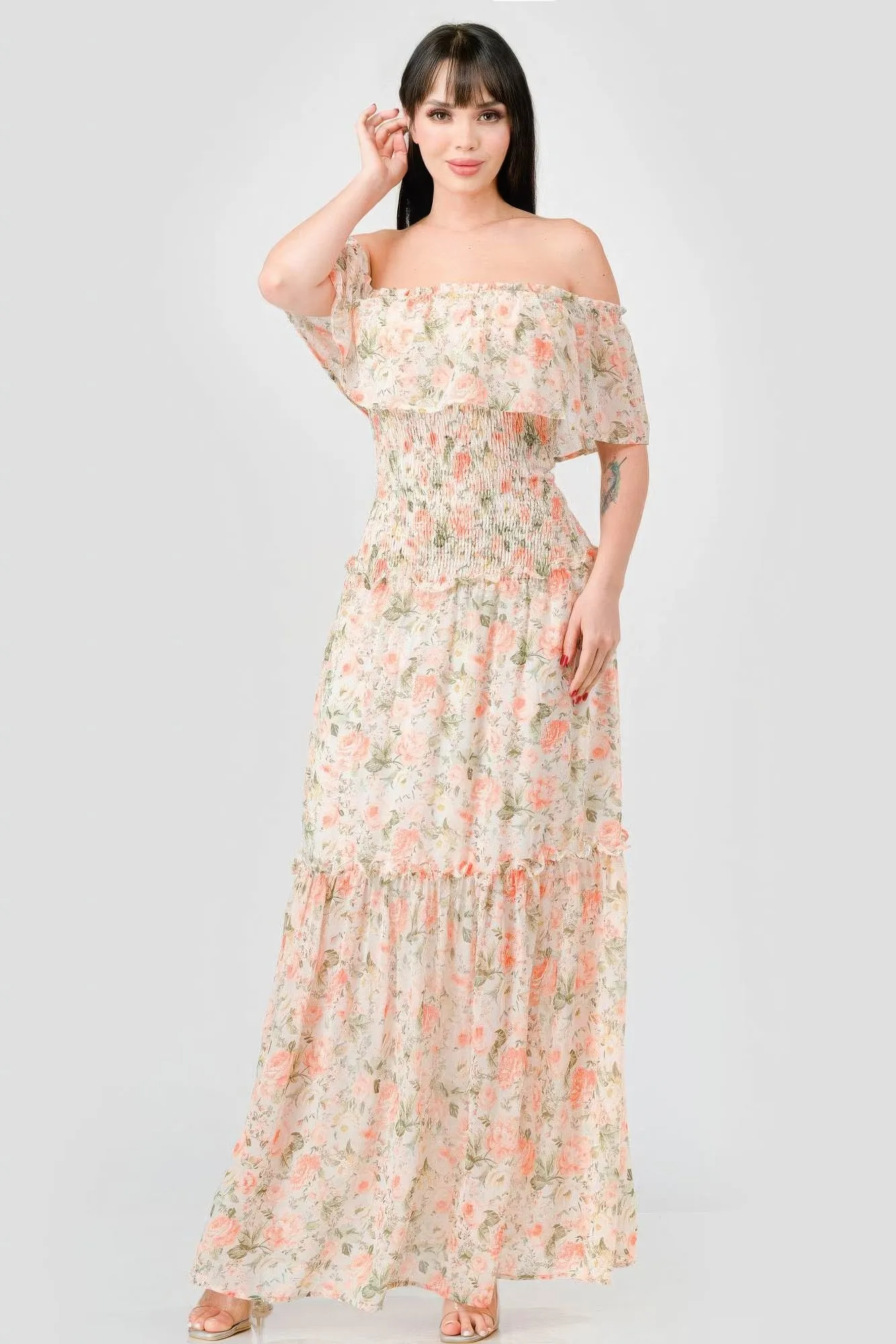 Floral Chiffon Off Shoulder Smocked Back Ruffled Tiered Maxi Dress sold by Gigi Laurent product image thumbnail 3