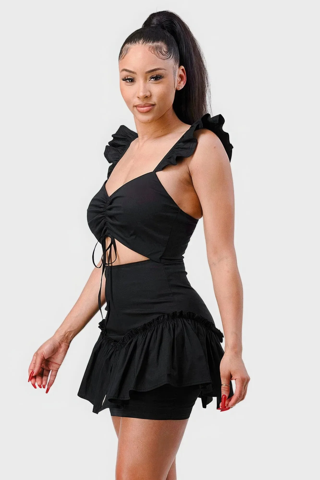 Sweetheart With Drawstring Bow Cutout Ruffled Flutter Sleeves Mini Dress sold by Gigi Laurent product image thumbnail 3