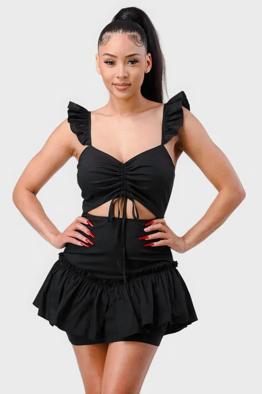 Sweetheart With Drawstring Bow Cutout Ruffled Flutter Sleeves Mini Dress sold by Gigi Laurent