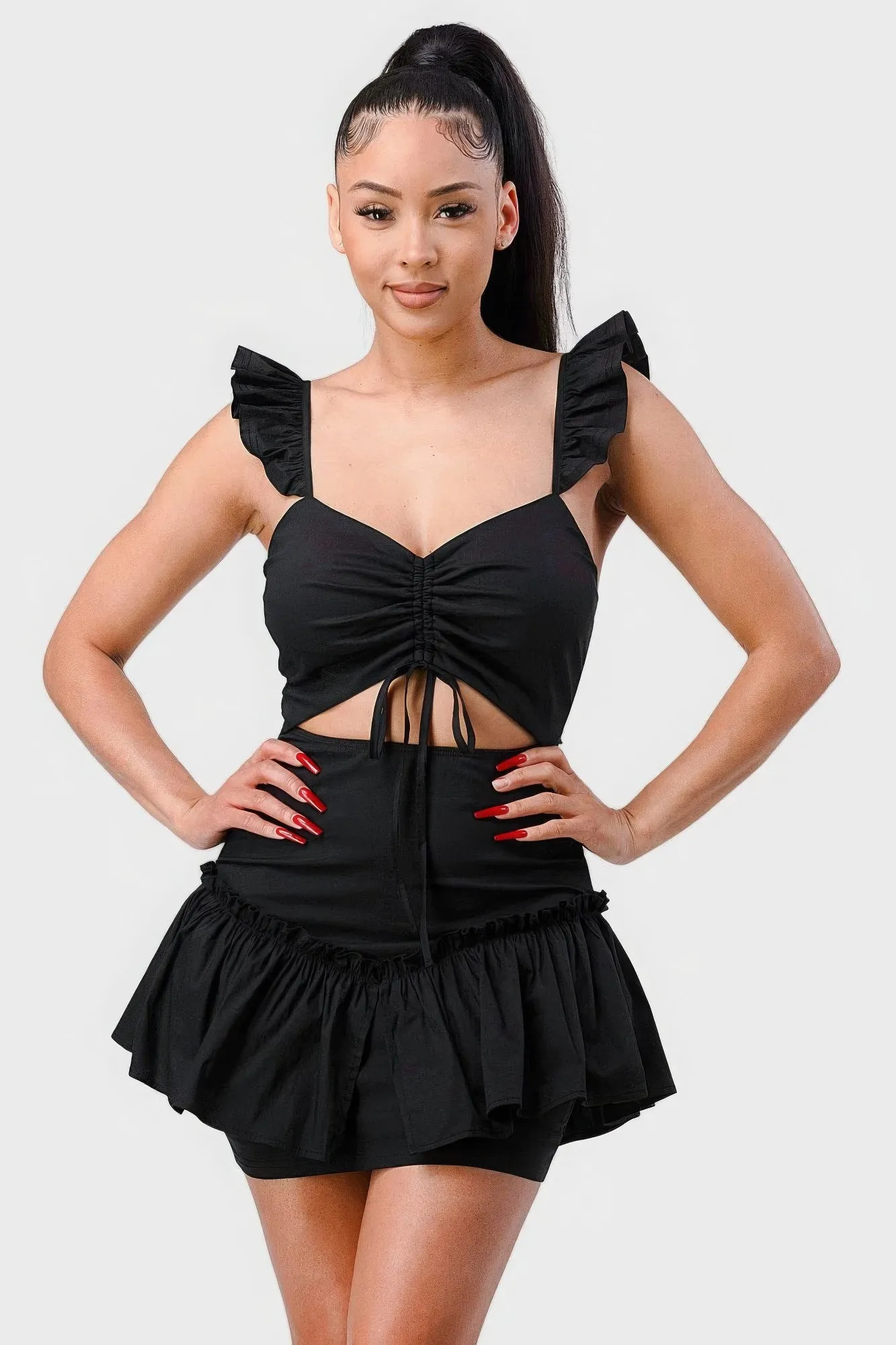 Sweetheart With Drawstring Bow Cutout Ruffled Flutter Sleeves Mini Dress sold by Gigi Laurent