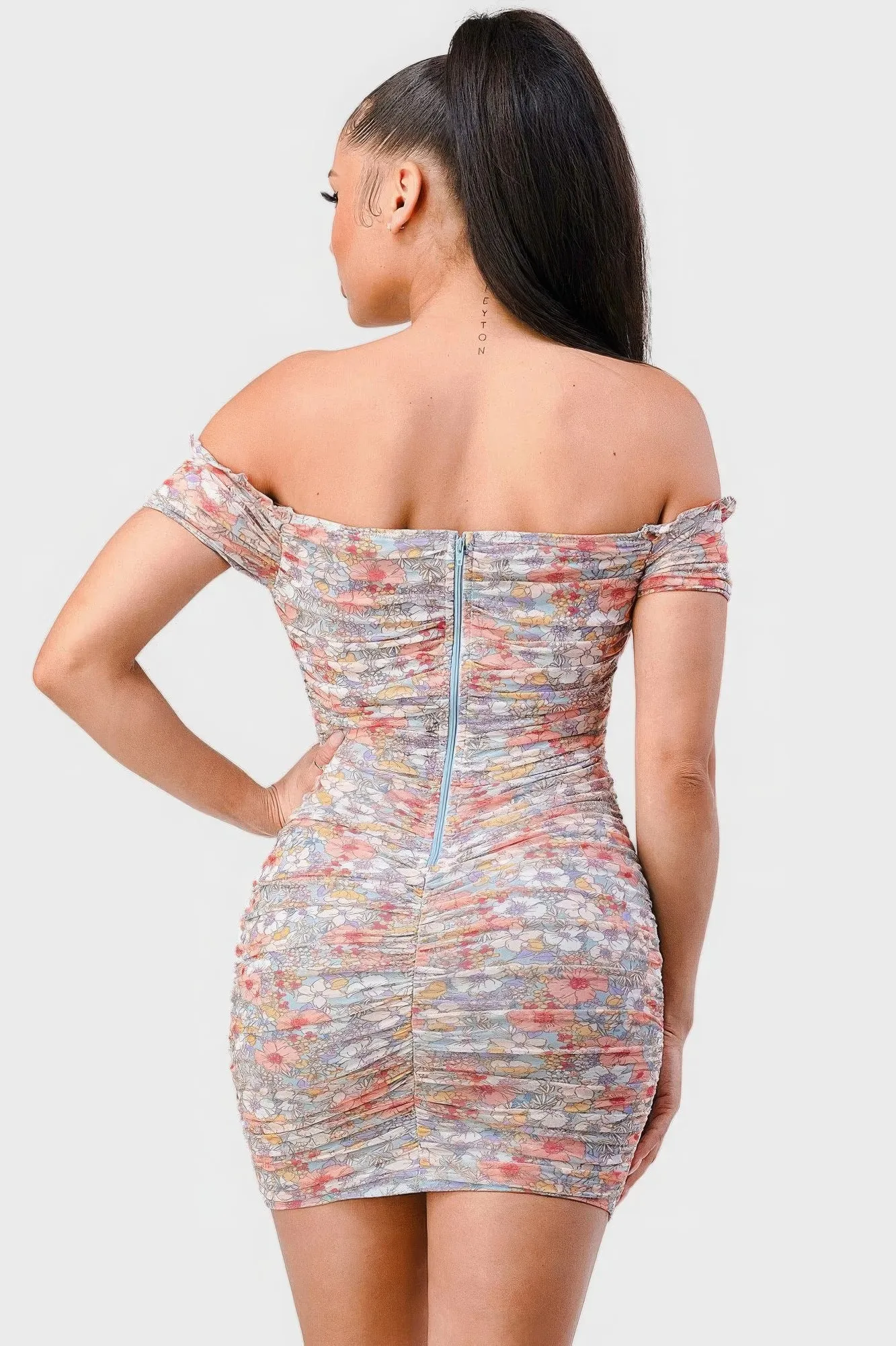 Floral Print Mesh Sweetheart Ruffled Off Shoulder Ruched Mini Dress sold by Gigi Laurent product image thumbnail 5