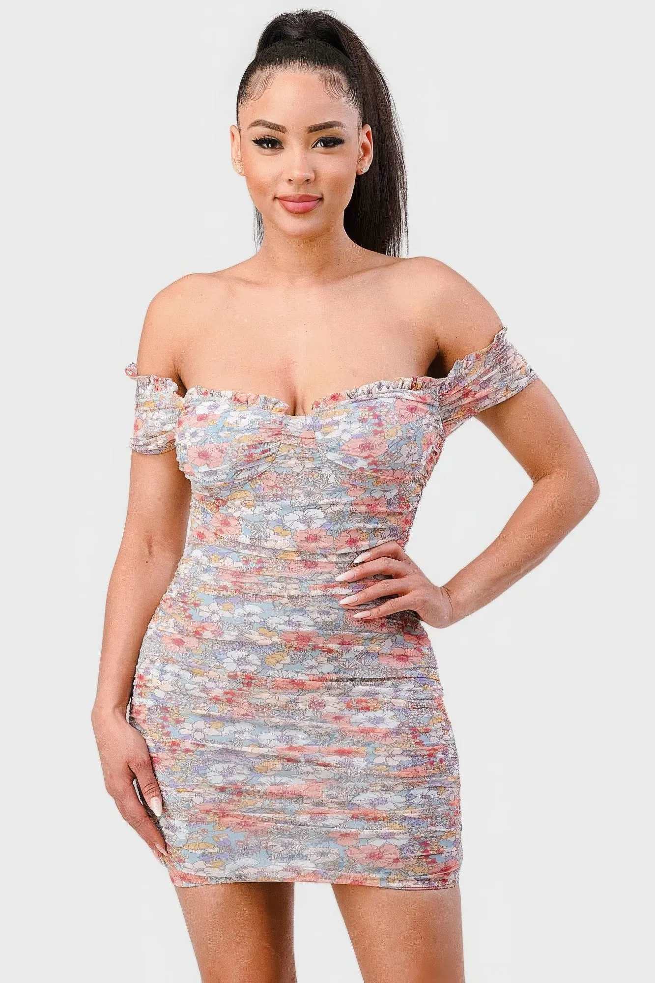 Floral Print Mesh Sweetheart Ruffled Off Shoulder Ruched Mini Dress sold by Gigi Laurent