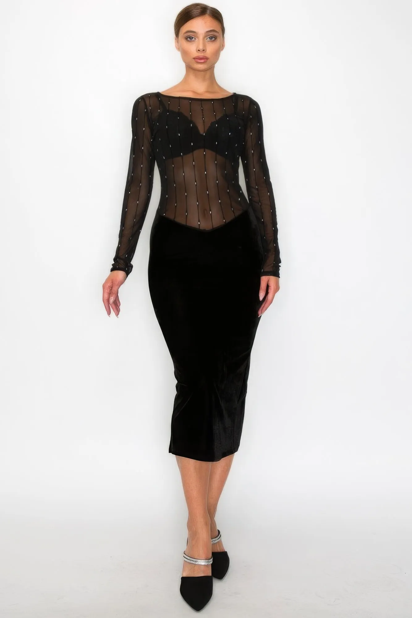 Velvet Sheer Contrast Holiday Midi Dress sold by Gigi Laurent