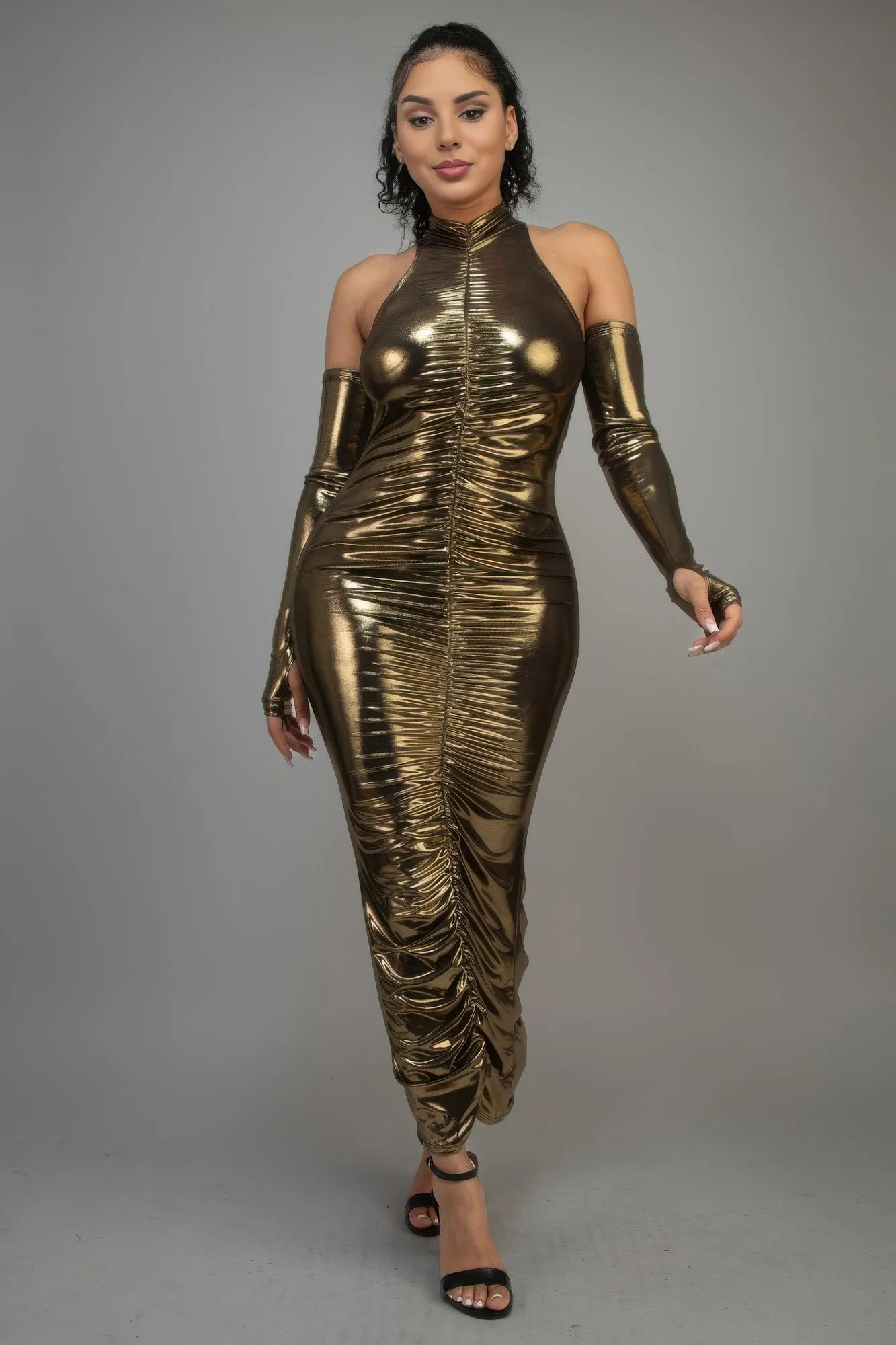 Metallic Ruched Dress With Sleeves sold by Gigi Laurent product image thumbnail 2