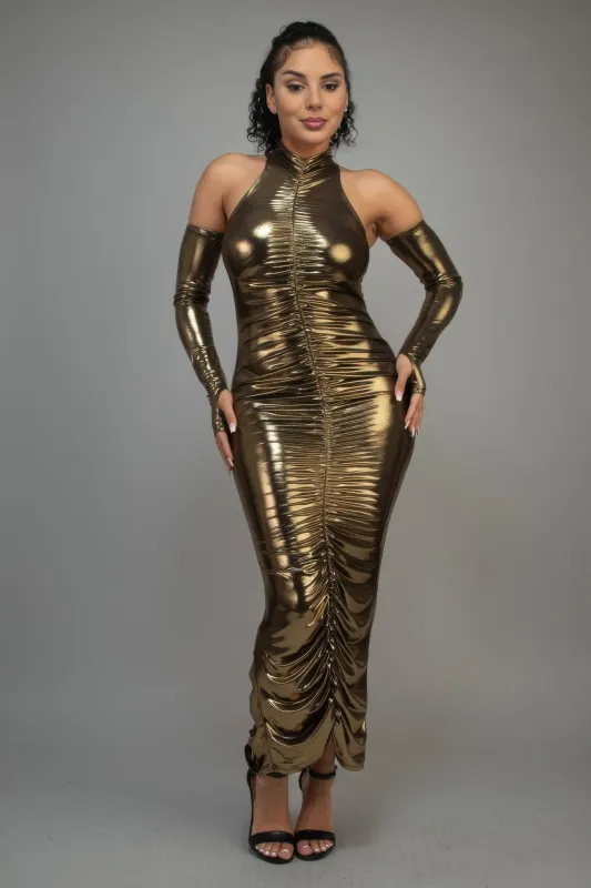 Metallic Ruched Dress With Sleeves sold by Gigi Laurent