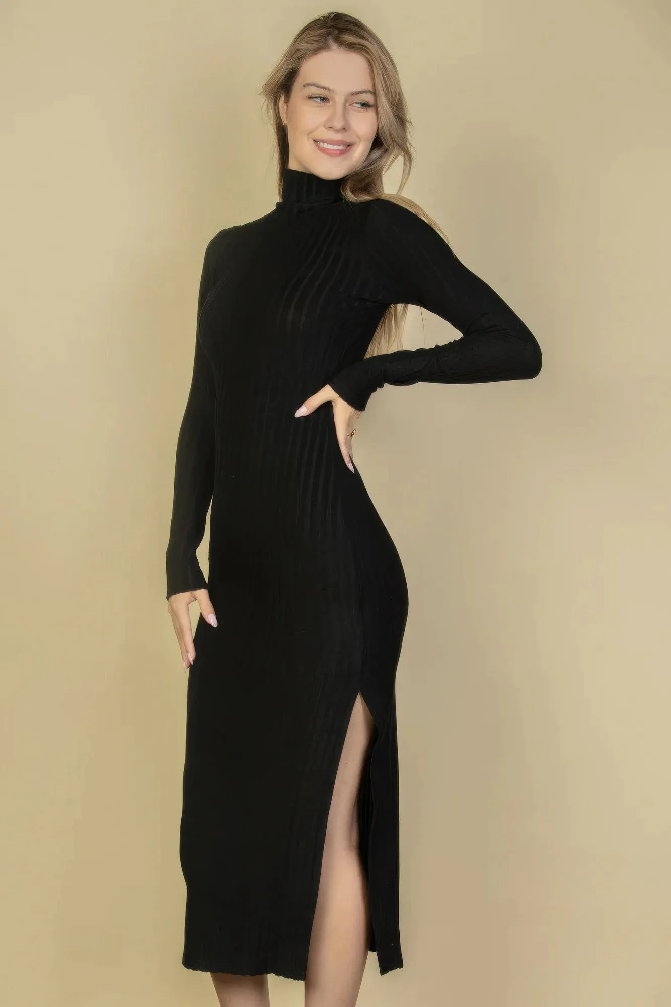 Sweater-knit Fuzzy Turtle Neck Split Thigh Dress sold by Gigi Laurent product image thumbnail 4