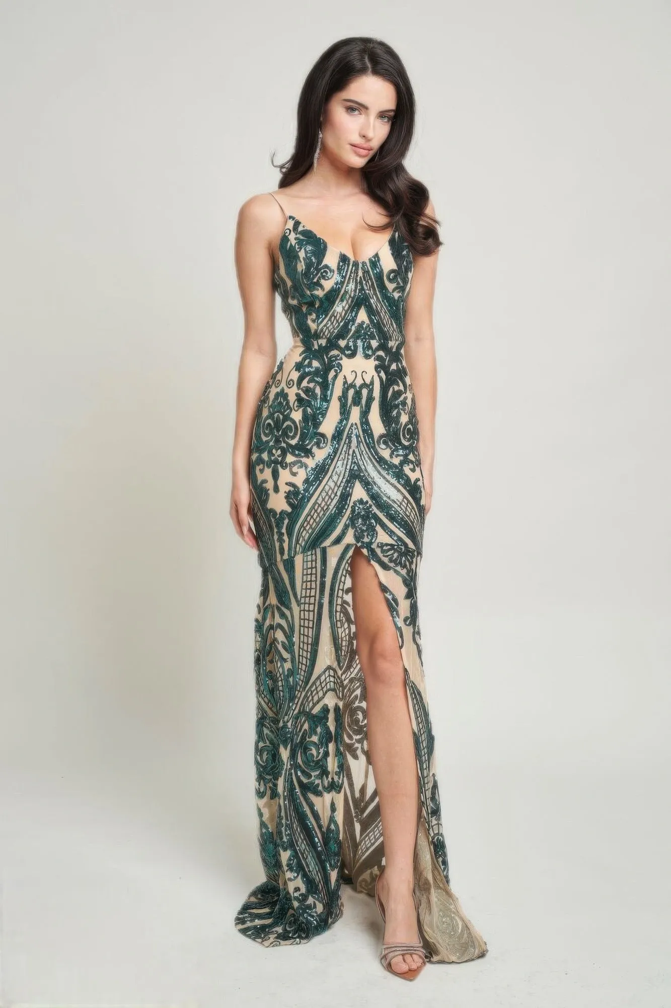 Spaghetti Strap Art Deco Sequins Maxi Dress sold by Gigi Laurent