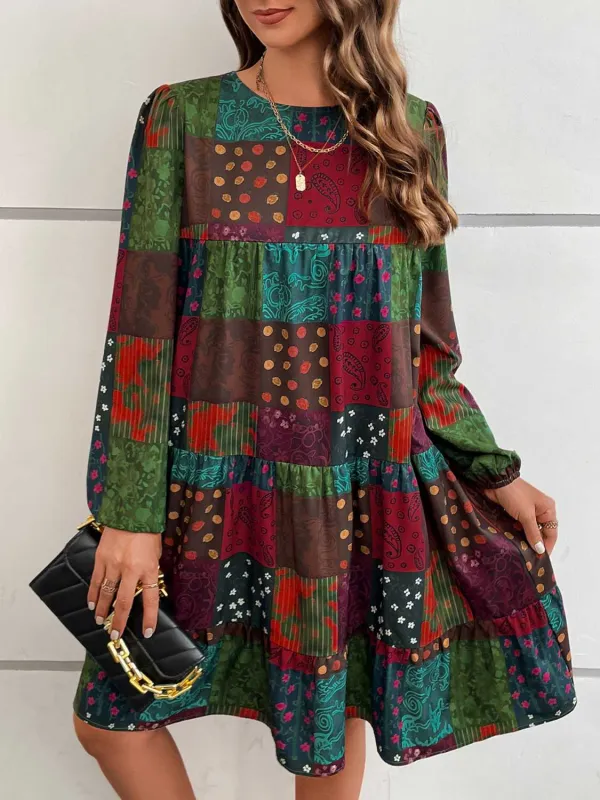 Patchwork Round Neck Long Sleeve Dress sold by Gigi Laurent