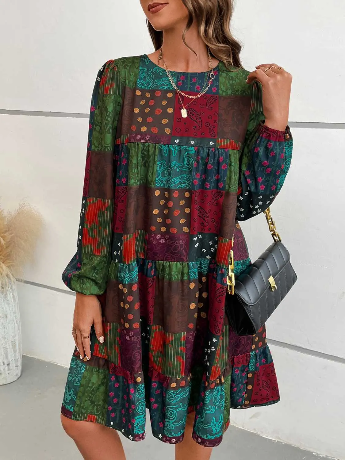 Patchwork Round Neck Long Sleeve Dress sold by Gigi Laurent product image thumbnail 3