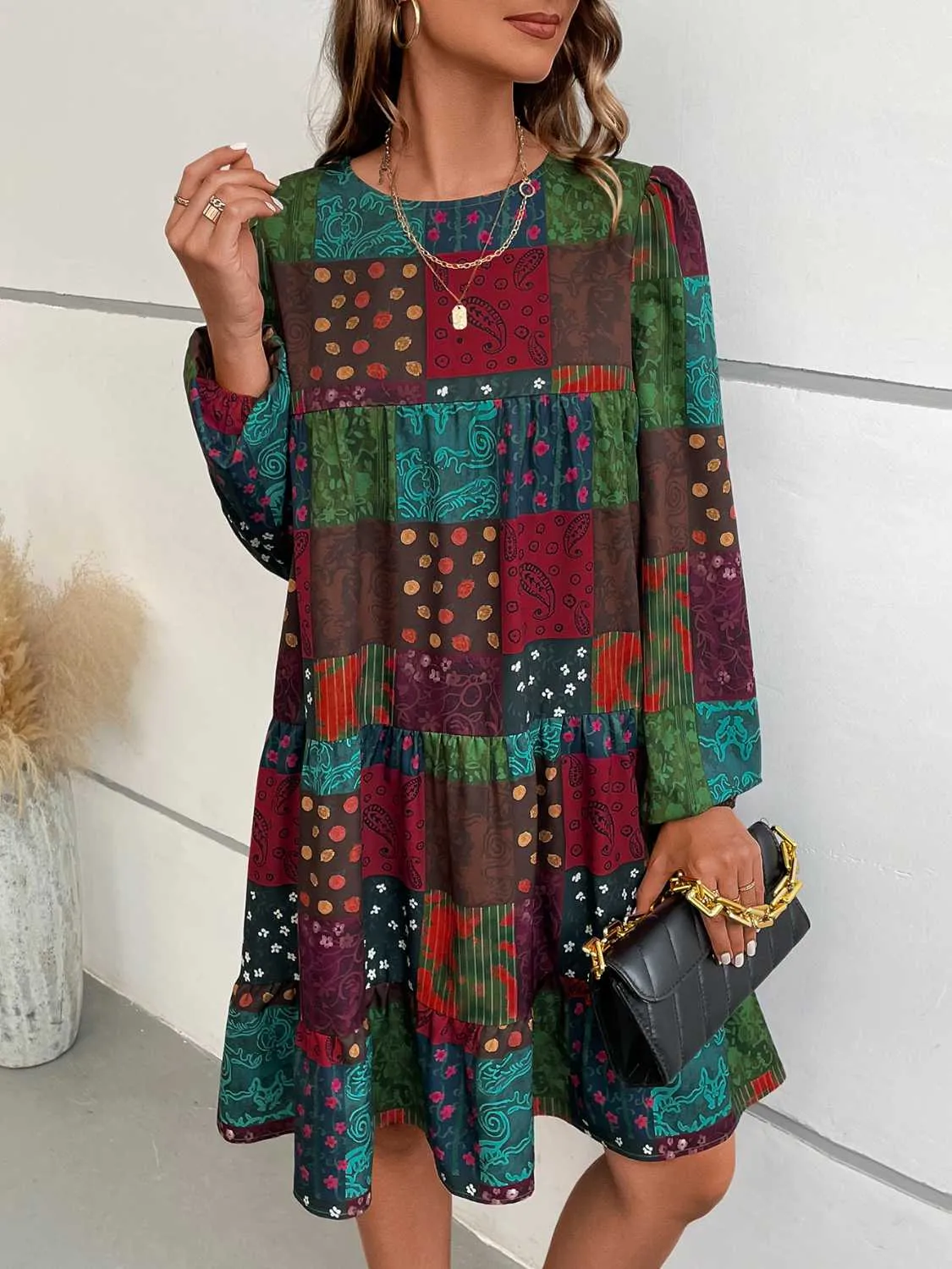 Patchwork Round Neck Long Sleeve Dress sold by Gigi Laurent product image thumbnail 5