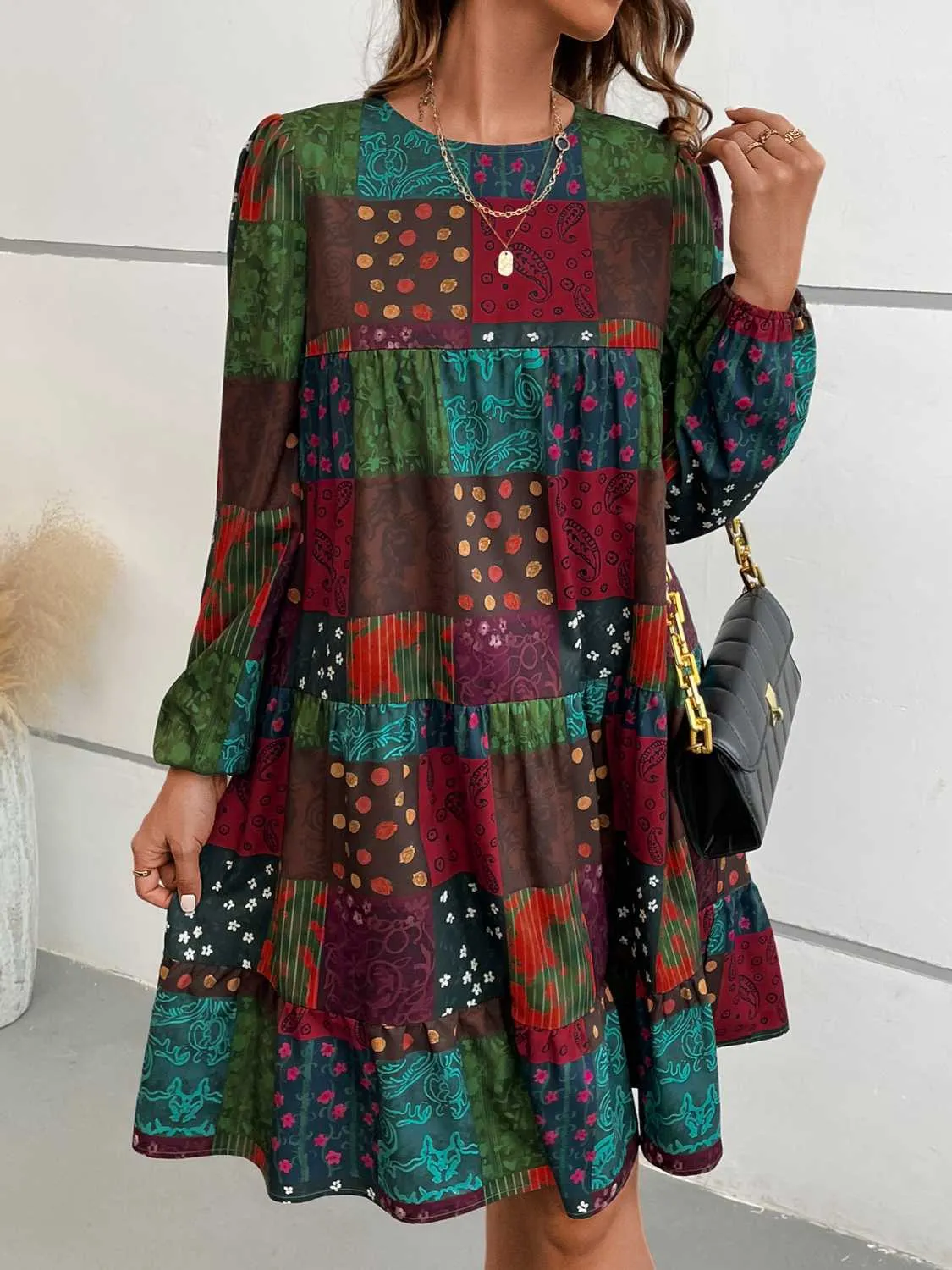 Patchwork Round Neck Long Sleeve Dress sold by Gigi Laurent product image thumbnail 4
