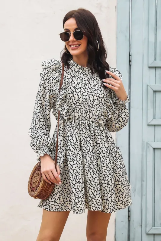 Printed Ruffle Trim Smocked Long Sleeve Mini Dress sold by Gigi Laurent