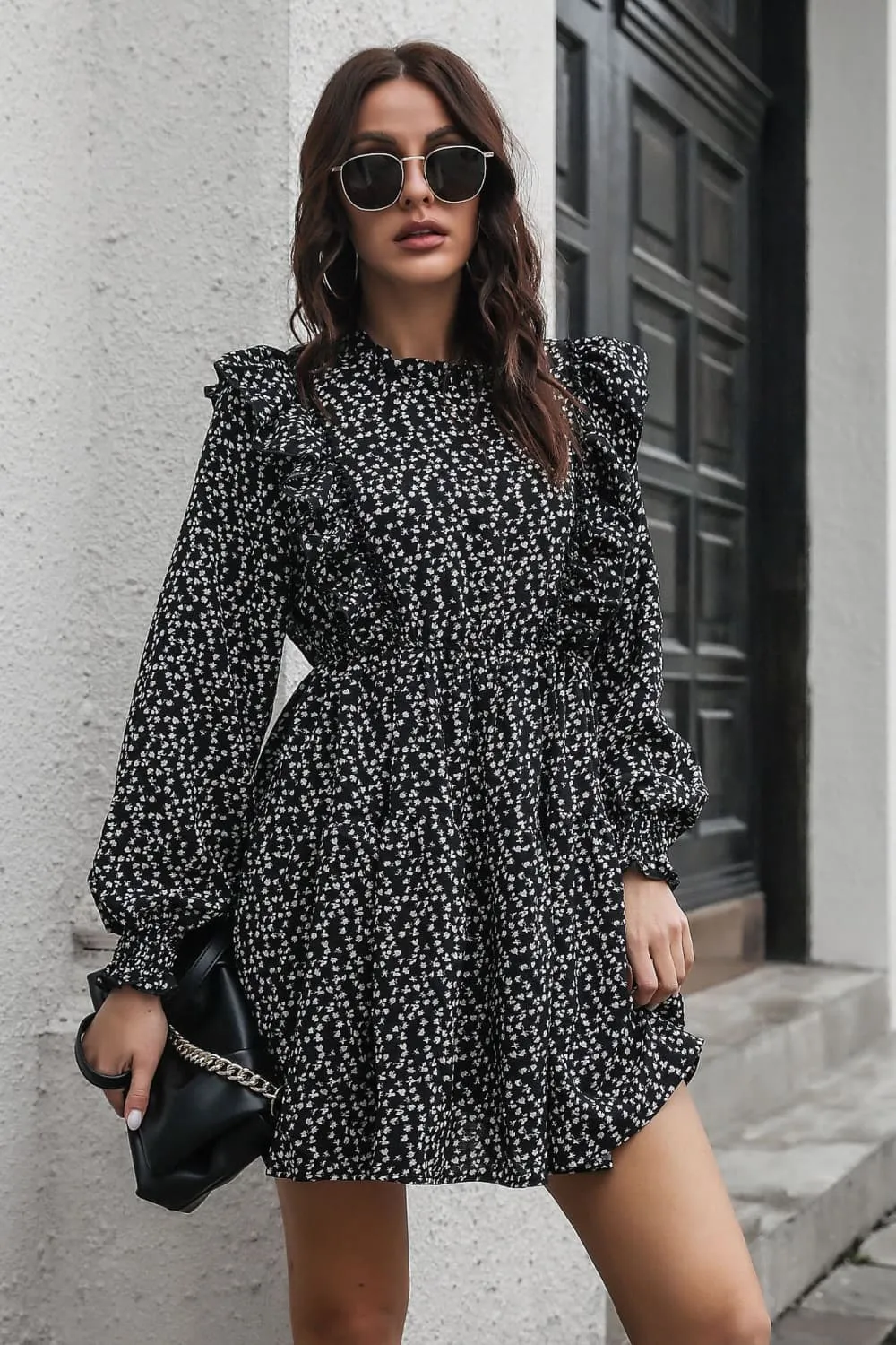 Printed Ruffle Trim Smocked Long Sleeve Mini Dress sold by Gigi Laurent product image thumbnail 5