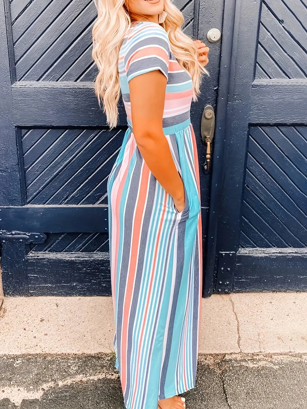 Full Size Striped Round Neck Short Sleeve Dress sold by Gigi Laurent product image thumbnail 2