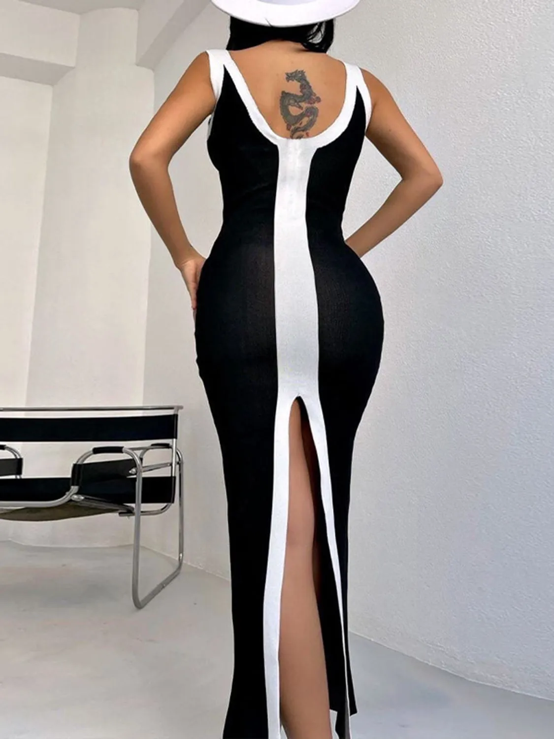 Contrast Wide Strap Slit Midi Dress sold by Gigi Laurent product image thumbnail 2