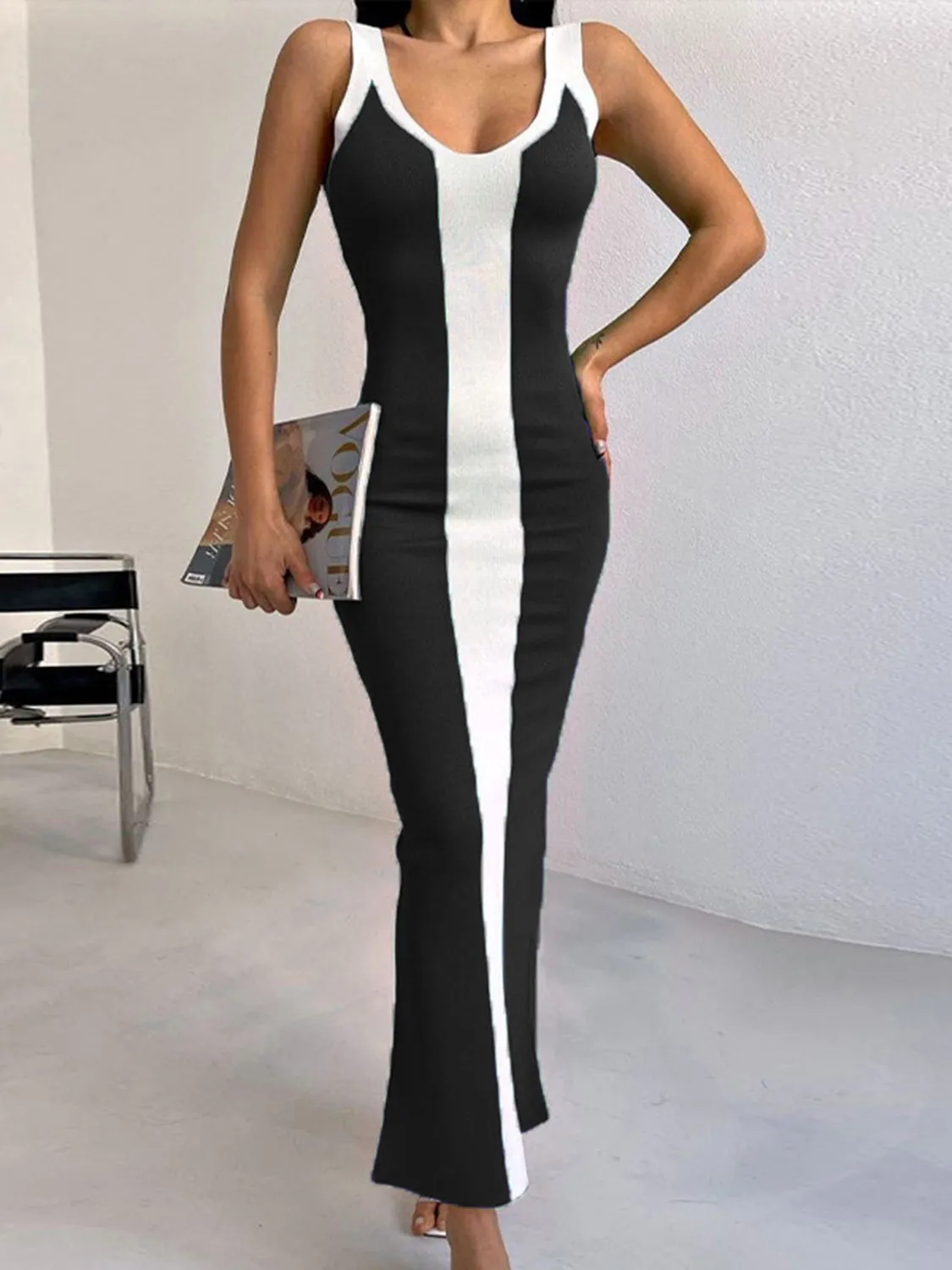 Contrast Wide Strap Slit Midi Dress sold by Gigi Laurent