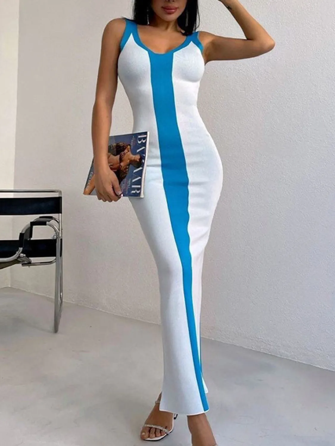 Contrast Wide Strap Slit Midi Dress sold by Gigi Laurent product image thumbnail 4